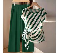 Completo casual da donna taglie forti, composto da camicia a maniche a pipistrello a righe con cintura in vita e pantaloni a zampa d'elefante, 2 pezzi 0XL,1XL,2XL,3XL,4XLStampa CasualeTessuto intrecci