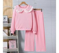 Completo casual da ragazza con felpa a maniche lunghe con colletto Peter Pan e balze, e pantaloni con vita elastica, adatto per la scuola 8Y,9Y,10Y,11Y,12YColore unicoPoliestere