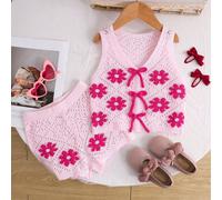 Completo casual da ragazza con top e pantaloncini decorati con fiori e fiocco 6Y,7Y,8Y,4Y,5YPianteMaglieria