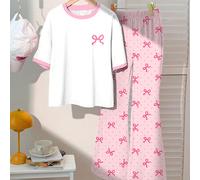 Completo casual da ragazza tween in 2 pezzi, stampa a pois e fiocchi, colore rosa, top a maniche corte e pantaloni, adatto per uscite in famiglia in estate 8Y,9Y,10Y,11Y,12YAnimale,Fumetto,Geometrico,