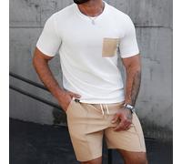 Completo casual da uomo con maglietta a maniche corte a girocollo con tasche e contrasti di colore, e pantaloncini con coulisse in vita L,M,S,XL,XS,XXLBlocchi di coloreTessuto in maglia