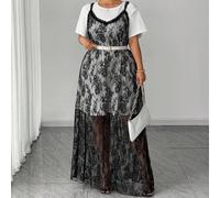 Completo casual ed elegante da donna taglie forti, nero e bianco, 2 pezzi, top in pizzo a canottiera e gonna in tessuto lavorato morbido, comodo e adatto per primavera/estate, laurea, vacanze, San Val