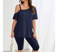 Completo casual estivo da donna taglie forti, composto da top a spalle scoperte con maniche corte elastico e comodo, e pantaloni skinny neri, set di due pezzi, abbigliamento estivo, completo di pantal
