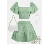 Completo casual estivo da ragazza adolescente, composto da gonna mini a-line con zip, vita stretta e maniche a volant, in tinta unita, adatto per le vacanze 14Y,13Y,16Y,15YColore unicoTessuto intrecci