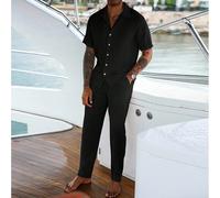 Completo casual estivo da uomo, composto da camicia a maniche corte monopetto e pantaloni in tinta unita. Outfit da crociera da uomo in nero, due pezzi, comodo. L,M,S,XL,XXLColore unicoLino
