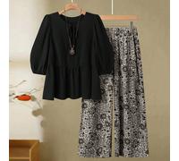 Completo casual per donna taglia forte, composto da una camicia annodata come una bambolina e pantaloni a gamba larga stampati 0XL,1XL,2XL,3XL,4XLPiante,Fiorellini,stampa dappertuttoTessuto intrecciat