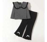 Completo casual per ragazze composto da maglietta a maniche lunghe con colletto Peter Pan a righe e pantaloni a zampa con fiocco 6Y,7Y,4Y,5YPoliestere