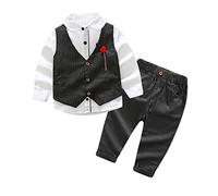 Completo Cerimonia Elegante Bambino di Nozze Gentleman Elegante e Confortevole Set Gilet Doppiopetto Pantalone Camicia e Papillon con La Vita Regolabile per 2-12 Anni
