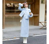 Completo Chic Invernale Giacca Pelliccia E Gonna Lunga Blu Pastello CF60647