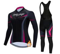 Completo Ciclismo Abbigliamento Bici MTB Donna,Maglia Ciclista Invernale Maglietta Ciclo Termico Vello Giacca Manica Lunga e Salopette Pantaloni con 19D Gel Imbottiti,Completi Tuta Bicicletta|15,XL