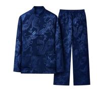 Completo cinese da uomo, 2 pezzi, colletto alla coreana, camicia a maniche lunghe e pantaloni con tasche, Blu, L