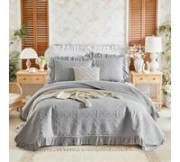 Completo copriletto con volant King 244 x 274 cm - 3 pezzi, tinta unita, stile shabby chic, country, coperta leggera e soffice per l'estate, con federe, grigio