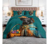 Completo Copripiumino Imbottito 140 x 200 cm Halloween Animali Labrador Retriever Trapunta Tutto in Uno, Microfibra Traspirante & Lavabile Edredón - Set 3 Pezzi con 2 Federe, Design Elegante, Verde