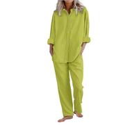 Completo Cotone e Lino Donna Elegante 2 Pezzi Completi Sportivo Casual Tinta Camicia a Maniche Corte e Pantaloni Lino Completa Larghi Tuta Estiva Confortevole Due Pezzi Regalo per Festa della Mamma