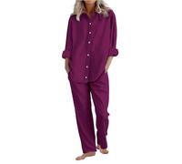 Completo Cotone e Lino Donna Elegante 2 Pezzi Completi Sportivo Casual Tinta Camicia a Maniche Corte e Pantaloni Lino Completa Larghi Tuta Estiva Confortevole Due Pezzi Regalo per Festa della Mamma