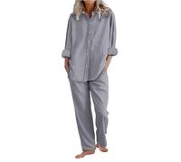 Completo Cotone e Lino Donna Elegante 2 Pezzi Completi Sportivo Casual Tinta Camicia a Maniche Corte e Pantaloni Lino Completa Larghi Tuta Estiva Confortevole Due Pezzi Regalo per Festa della Mamma