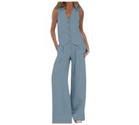 Completo Cotone e Lino Donna Elegante 2 Pezzi Set Casual Pantalone e Estivo Top Ampia Lino Tute Stampa Moda Set Abbigliamento Outfit Streetwear,Pantaloni Donna Comodi,TutaEstiva (04-Light Blue, XL)