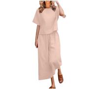 Completo Cotone e Lino Donna Elegante 2 Pezzi T-Shirt & Pantaloni Casual Due Pezzi Tuta Elegante Offerta Manica Corta Camicia + Pantaloni Lino Set Completo Donna Estivo Casual Leggera Confortevole