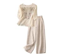 Completo Cotone Lino Donna Estivo Curvy Ricamo Tuta Elegante Donna Leggero Manica Lunga Camicie E Pantaloni Larghi 2 Pezzi Set Abbigliamento Completi Sportivi Mare Spiaggia Tute Da Casa Taglie Forti