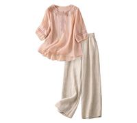 Completo Cotone Lino Donna Estivo Curvy Ricamo Tuta Elegante Donna Leggero Manica Lunga Camicie E Pantaloni Larghi 2 Pezzi Set Abbigliamento Completi Sportivi Mare Spiaggia Tute Da Casa Taglie Forti