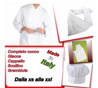 COMPLETO CUOCO CHEF CON GREMBIULE PETTORINA, CAPPELLO E SCOLLINO BIANCO