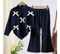 Completo da 2 pezzi in maglia per ragazze, top a maniche lunghe con collo alto e maniche a pipistrello con decorazione fiocco bianco & pantaloni a zampa d'elefante con costine, abbigliamento per il ri