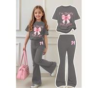 Completo da 2 pezzi per ragazze pre-adolescenti: T-shirt casual con fiocco e grafica, maniche corte e pantaloni a zampa, outfit elegante per il ritorno a scuola 8Y,9Y,10Y,11YHalloweenTessuto