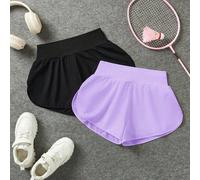 Completo da 2 pezzi per ragazze "tween", nero solido e viola, design semplice, vestibilità morbida, comodo, versatile, casual, atletico, vita alta per un effetto aderente, pantaloncini e pantaloni spo