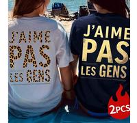 Completo da 2 pezzi primavera/estate da donna con t-shirt stampate "J'AIME PAS LES GENS" per amiche, perfetto per le vacanze al mare in primavera/estate. T-shirt da donna 100% cotone, vestibilità ampi