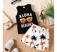 Completo da 3 pezzi per bambino maschio: occhiali da sole, canotta con stampa a lettere, pantaloncini con stampa a palme, adatto per uscite estive 6-9M,9-12M,12-18M,18-24M,2-3YHalloweenTessuto