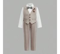 Completo da 3 pezzi per ragazzo: gilet color cachi, pantaloni con vita elastica, papillon e camicia a maniche lunghe, stile da gentiluomo, adatto per primavera/estate 6Y,7Y,4Y,5YGeometricoPoliestere