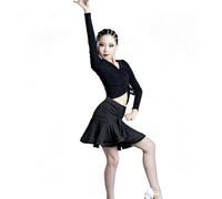 Completo da Ballo Latino Bambina 2 Pezzi Top Abbigliamento Pratica per Cha Cha Rumba,Black/Black Skirt,170cm