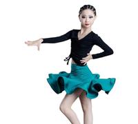 Completo da Ballo Latino Bambina 2 Pezzi Top Abbigliamento Pratica per Cha Cha Rumba,Black/Green Skirt,140cm