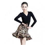 Completo da Ballo Latino Bambina 2 Pezzi Top Abbigliamento Pratica per Cha Cha Rumba,Black/Leopard Skirt,130cm