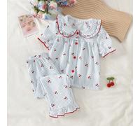 Completo da bambina/ragazza in taglia piccola composto da cardigan a maniche corte con colletto Peter Pan a righe blu e stampa di ciliegie rosse, abbinato a pantaloni con volant, pigiama 6Y,7Y,4Y,5YA 