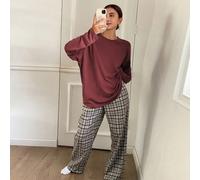 Completo da casa, composto da una maglietta a maniche lunghe oversize a tinta unita e pantaloni pigiama a quadri diritti e rilassati L,M,S,XLquadriTessuto in maglia,Tessuto intrecciato