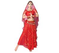 Completo da Danza del Ventre da Donna, 8 Pezzi, con Paillettes, Costume Principessa araba, Ideale per spettacoli di Danza Bollywood, Cosplay e Feste in Maschera.,Rosso,XL