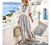 Completo da donna 2 pezzi con top ampio a maniche corte, scollo rotondo e spalle scese, stampa digitale a righe blu su base albicocca + pantaloni lunghi dritti a gamba ampia con vita elastica, design 