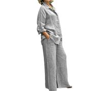 Completo da donna a due pezzi composto da camicia a maniche lunghe con colletto e pantaloni a gamba larga in tinta unita, in cotone e lino, ideale per il tempo libero (2026). (Light Gray,XXL)