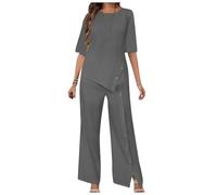 Completo da donna a due pezzi con bottoni sul davanti, top oversize a maniche a 3/4 con scollo rotondo e pantaloni a vita alta, casual, tinta unita, ideale per la spiaggia e le vacanze (Gray,M)