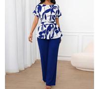 Completo da donna a due pezzi con camicia a scollo a barca e pantaloni, stampa botanica, casual elegante, per ufficio e brunch, bianco e blu navy, estivo, per la Festa degli Insegnanti L,M,S,XL,XS,XXL