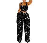 Completo Da Donna A Due Pezzi con Top A Pois E Scollo All'Americana Gonna A Portafoglio con Frange E Pantaloni Set Estivo Casual Coordinato,Nero,XL
