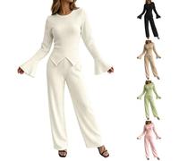 Completo da donna a due pezzi in maglia a coste, composto da top a maniche | Tuta Per Ginnastica Pantaloni Premaman Attillata Colorata Righe Natalizi Natalizio Bretelle Leopardata Spezzata Cerimonie