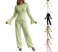 Completo da donna a due pezzi in maglia a coste, composto da top a maniche | Tuta Per Ginnastica Pantaloni Premaman Attillata Colorata Righe Natalizi Natalizio Bretelle Leopardata Spezzata Cerimonie