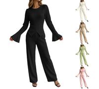 Completo da donna a due pezzi in maglia a coste, composto da top a maniche | Tuta Per Ginnastica Pantaloni Premaman Attillata Colorata Righe Natalizi Natalizio Bretelle Leopardata Spezzata Cerimonie