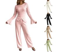 Completo da donna a due pezzi in maglia a coste, composto da top a maniche | Tuta Per Ginnastica Pantaloni Premaman Attillata Colorata Righe Natalizi Natalizio Bretelle Leopardata Spezzata Cerimonie