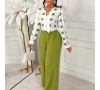Completo da donna Amarilo composto da top a maniche lunghe con scollo a V e pantaloni a zampa, in stile vintage a pois bianchi e verdi, adatto per l'ufficio e il tempo libero, per l'autunno e l'invern