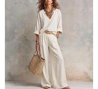 Completo da donna beige a due pezzi con scollo a V e maniche lunghe - un look casual e bohémien adatto per le vacanze, l'uso quotidiano e gli outfit autunnali. L,M,S,XLColore unicoTessuto intrecciato