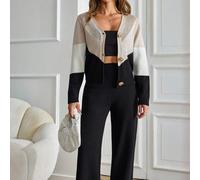 Completo da donna composto da cardigan con bottoni dorati a blocchi di colore e pantaloni lavorati a maglia, due pezzi L,M,SBlocchi di coloreMaglia Pettinata