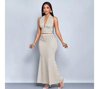 Completo da donna composto da crop top con scollo a V profondo e schienale aperto con stampa a pois e gonna lunga plissettata a sirena, set elegante di 2 pezzi (motivo floreale casuale) L,M,S,XLGeomet